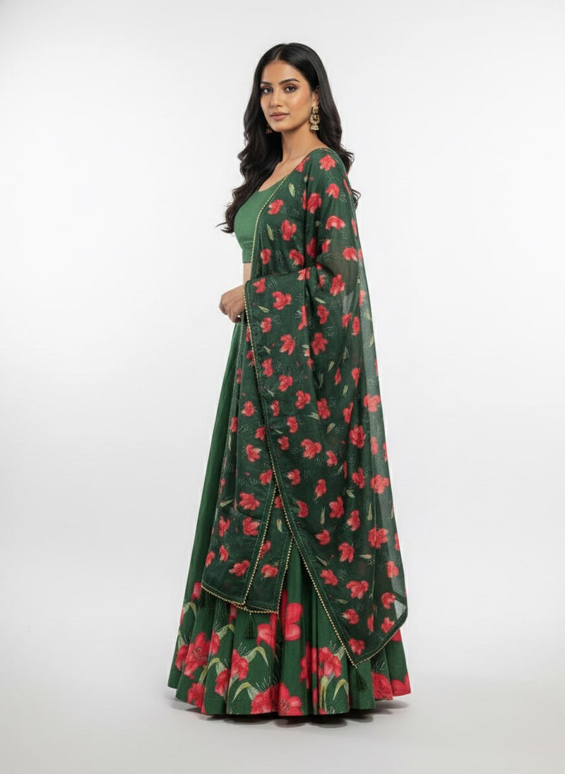 Dolla Tusser Silk Chaniya Choli | Floral Print Designer Lehenga