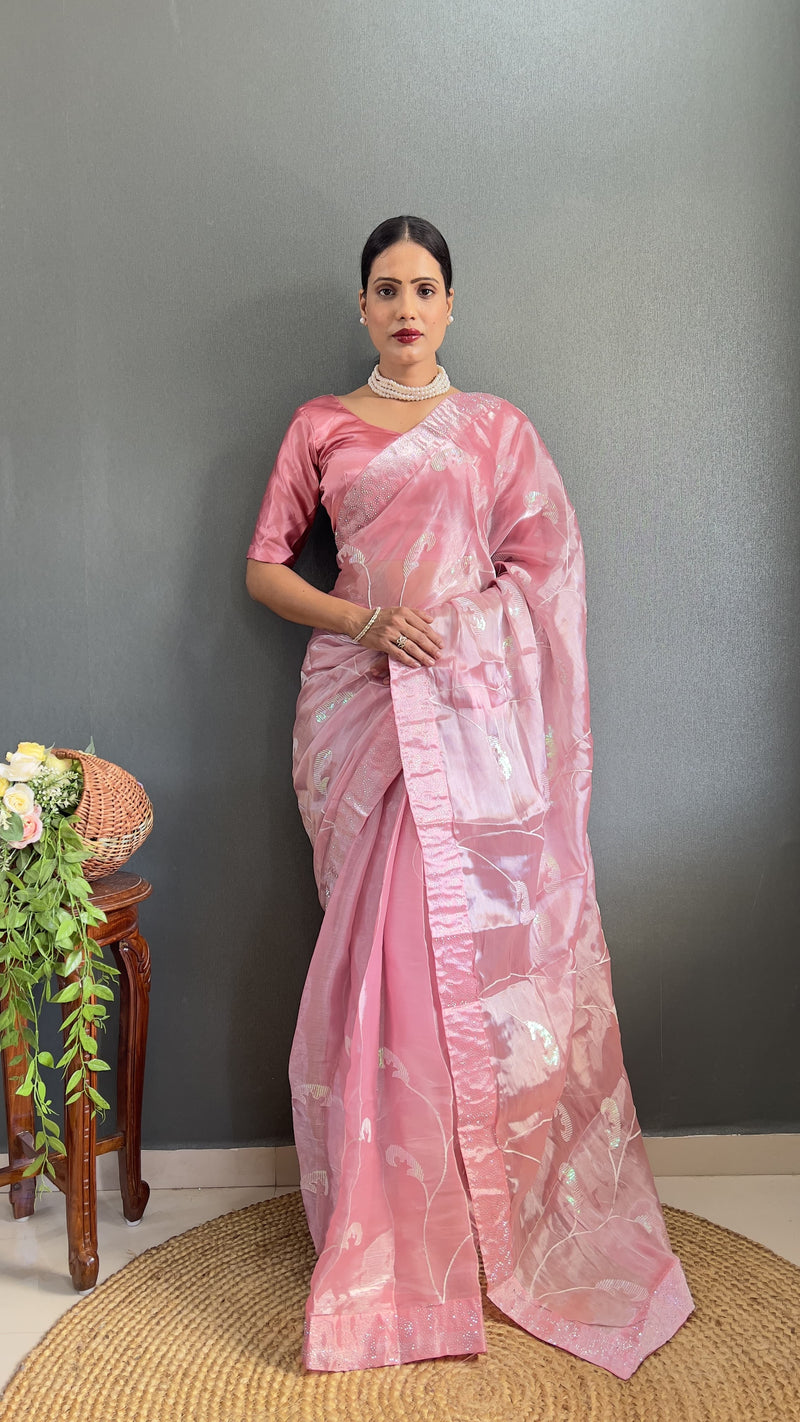 1-Min Ready To Wear Luxury Burbury Silk Saree with Swarovski Border & Embroidery Sequence Work