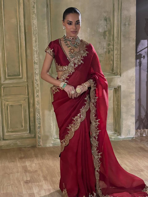 Space Satin Saree with Thread & Sequin Work | Stitched Embroidered Blouse
