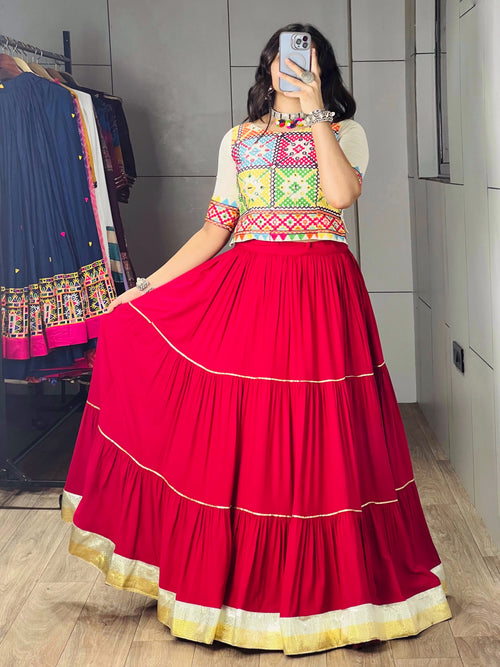 Gajari Pink Navratri Lehenga Choli | Fully Stitched 6 Meter Flair Rayon Cotton Chaniya Choli with Gota Patti & Mirror Work Blouse