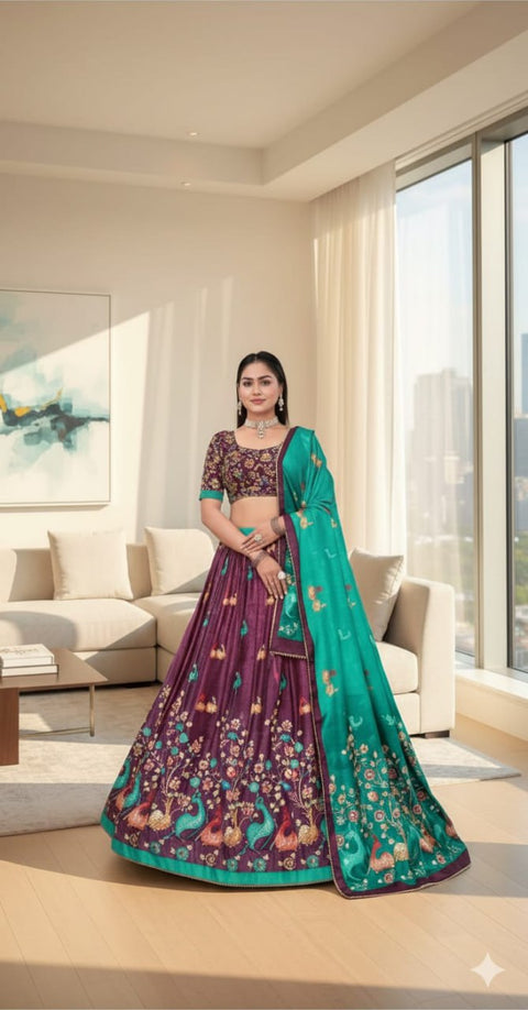 Premium Dolla Tusser Silk Peacock Print Chaniya Choli with Designer Dupatta – Purple & Teal