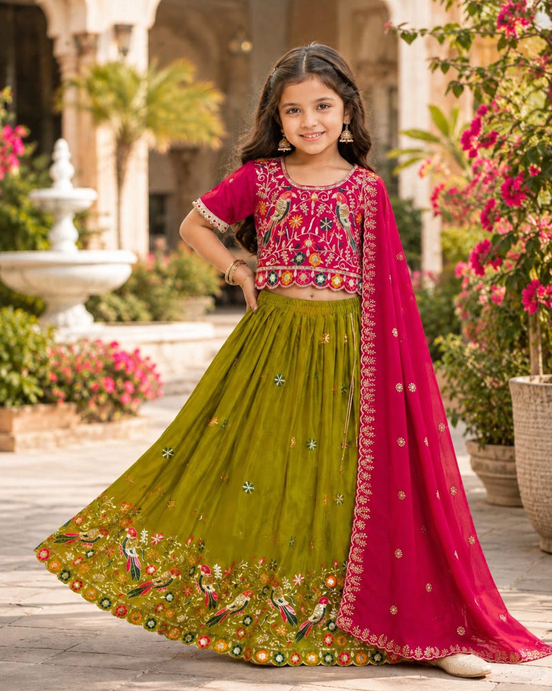 Navratri Kids Chinnon Lehenga Choli | Heavy Sequin Embroidery & Dupatta | Ages 3–15