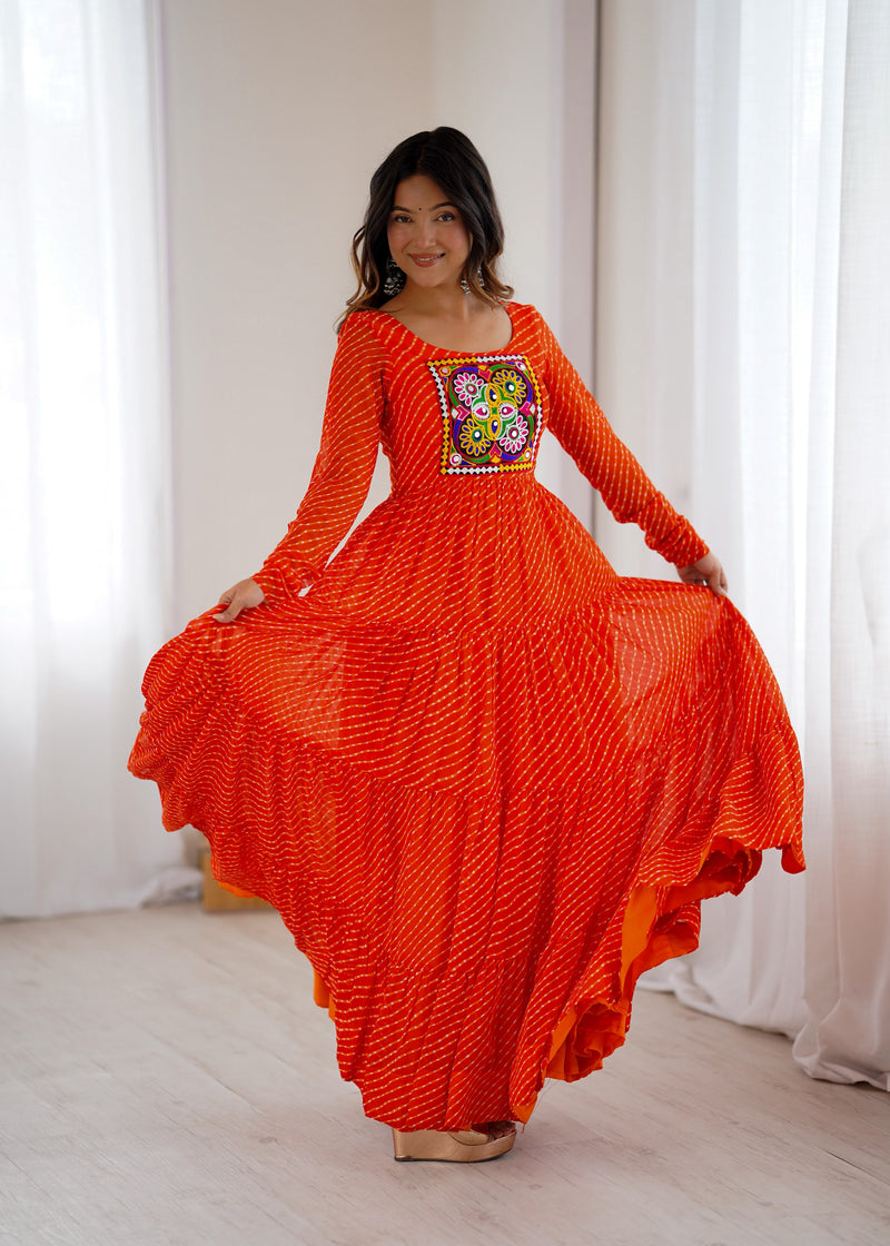 Laheriya Anarkali Gown for Women | Pure Soft Fox Georgette Full Flare Navratri Gown with Gamthi Work