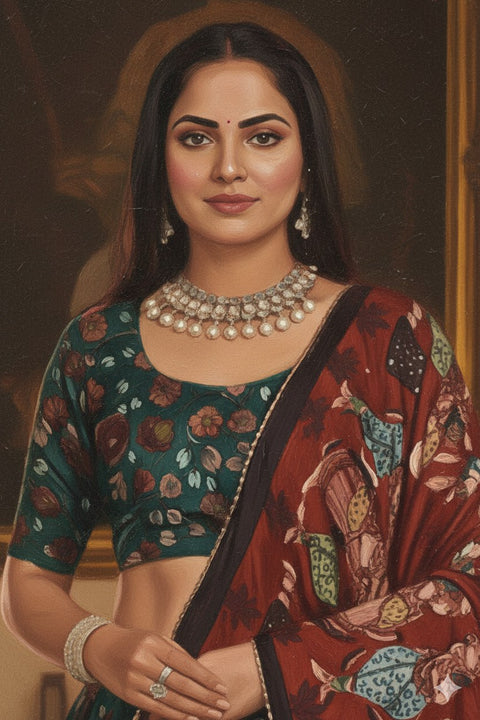 Teal & Rust Red Dolla Tusser Silk Chaniya Choli | Kalamkari Print