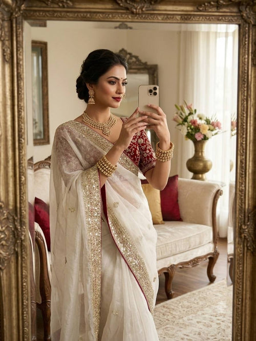 Space Silk Saree with Embroidery & Sequin Work | Stitched Blouse