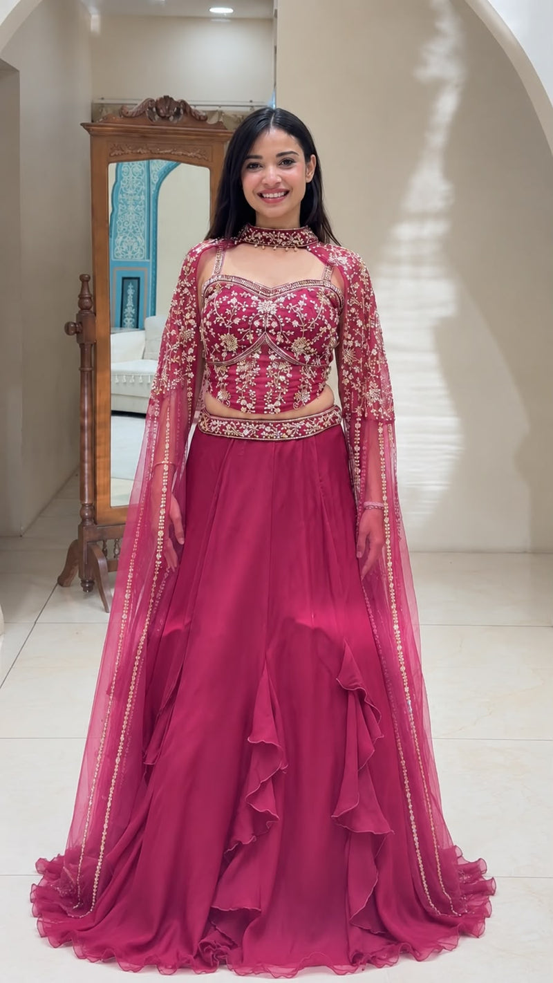 Premium Gajri Crepe Silk Ruffle Lehenga Choli with Sequins & Embroidery Work