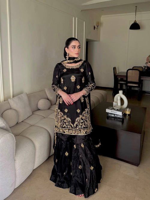 Women's Festive Black Chinon Silk Sharara Suit with Gold Zari and Sequins Embroidery