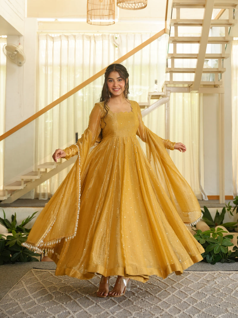 Designer Party Wear 3-Piece Crush Silk Anarkali Suit with Fancy Lace Dupatta