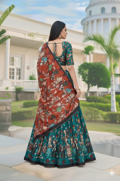 Teal & Rust Red Dolla Tusser Silk Chaniya Choli | Kalamkari Print