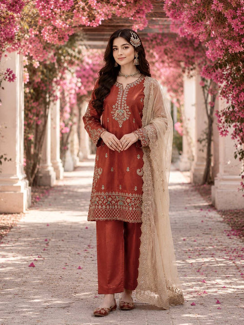 Women's Festive Rust GMY Silk Kurti Palazzo Set with Zari Embroidery and Cream Dupatta