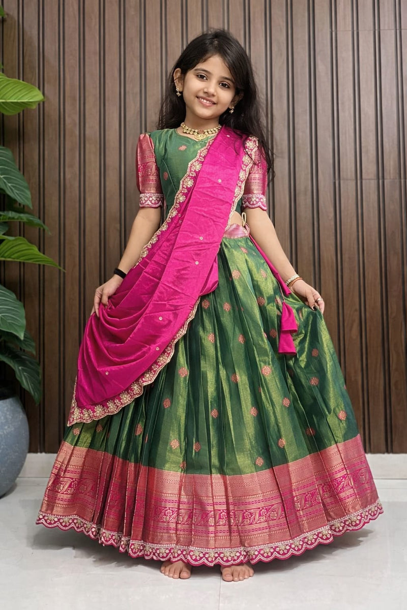 Simmer Silk Kids Lehenga Choli | Zari Weaving & Chinnon Cutwork Dupatta | Ages 1–15