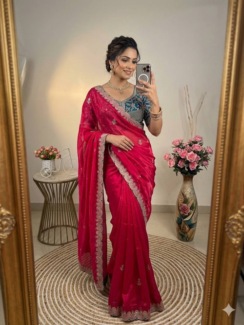 Space Silk Saree with Multi-Sequin & Thread Embroidery Contrast Stitched Blouse