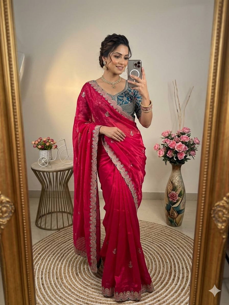 Space Silk Saree with Multi-Sequin & Thread Embroidery Contrast Stitched Blouse