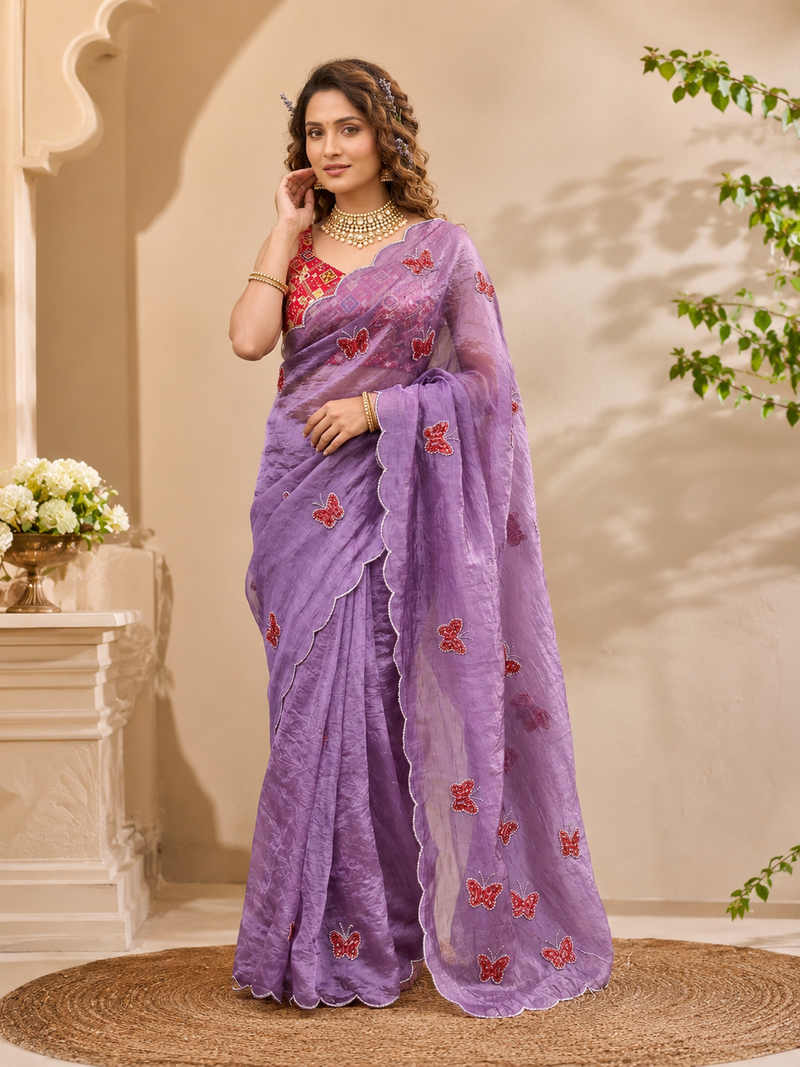 Premium Crush Silk Saree | Butterfly Patch & Cutdana Handwork | Cutwork Border & Silk Blouse