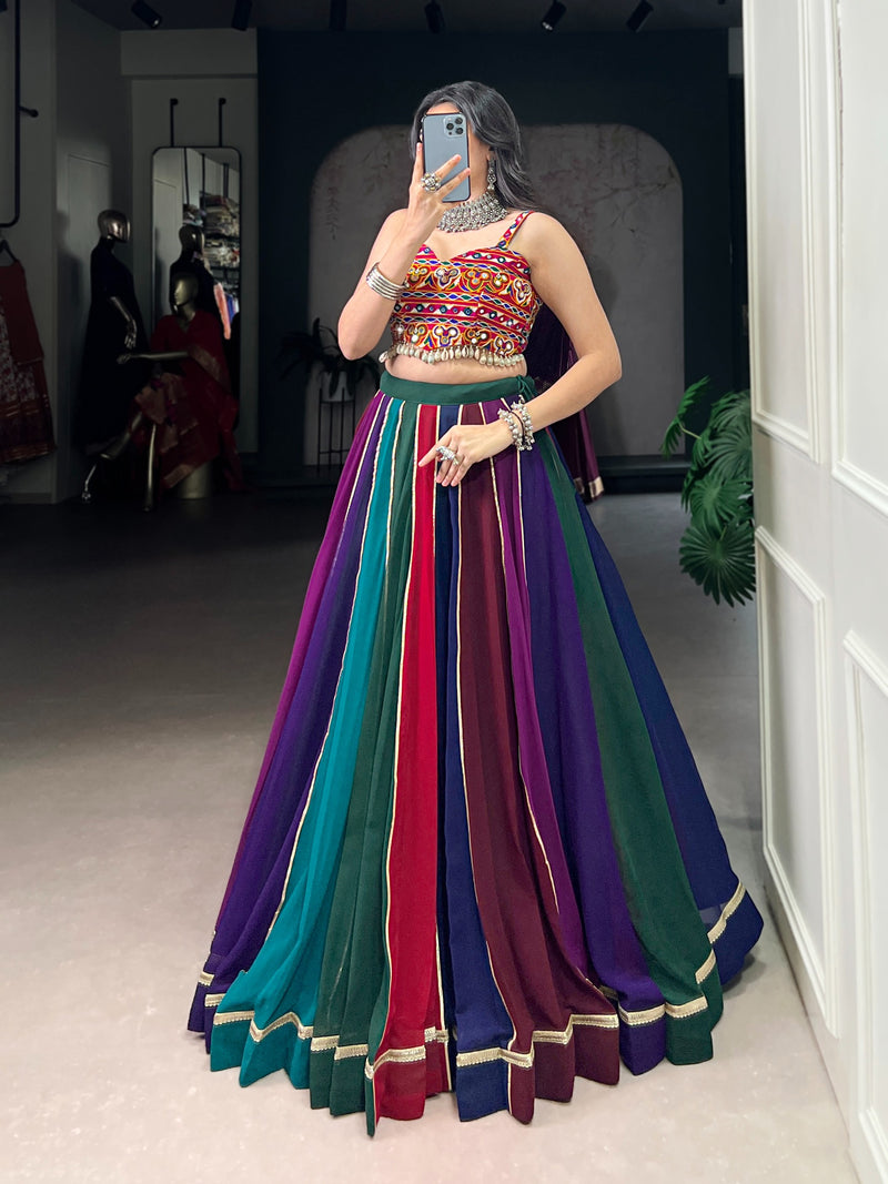 Women's Navratri Special Multicolor Georgette Panel Lehenga with Gota Patti Detailing