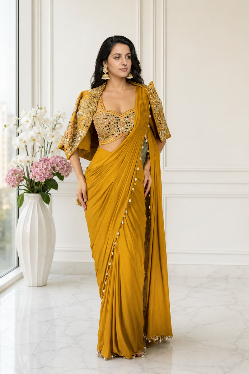 Women's Elegant Pre-Draped Silk Saree with Short-Sleeve Embroidered Jacket