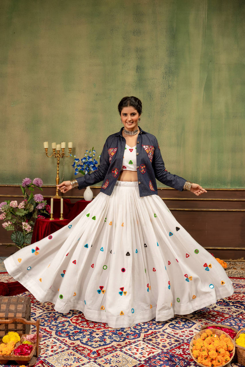 Navratri Mirror Work Rayon Lehenga Choli with Denim Jacket