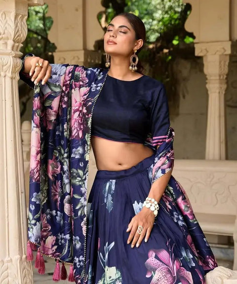 Premium Dolla Tusser Silk Chaniya Choli with Floral Print & Designer Dupatta