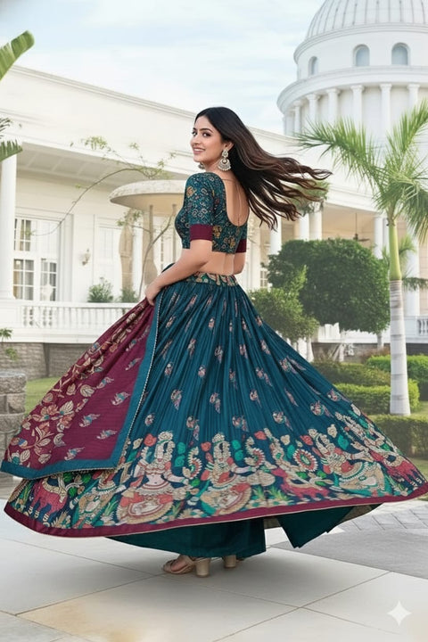 Teal & Wine Dolla Tusser Silk Chaniya Choli | Peacock Print Lehenga