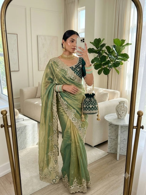Premium Fendy Chiffon Saree with Sequin Work & Cording Embroidered Blouse | 4 Colours