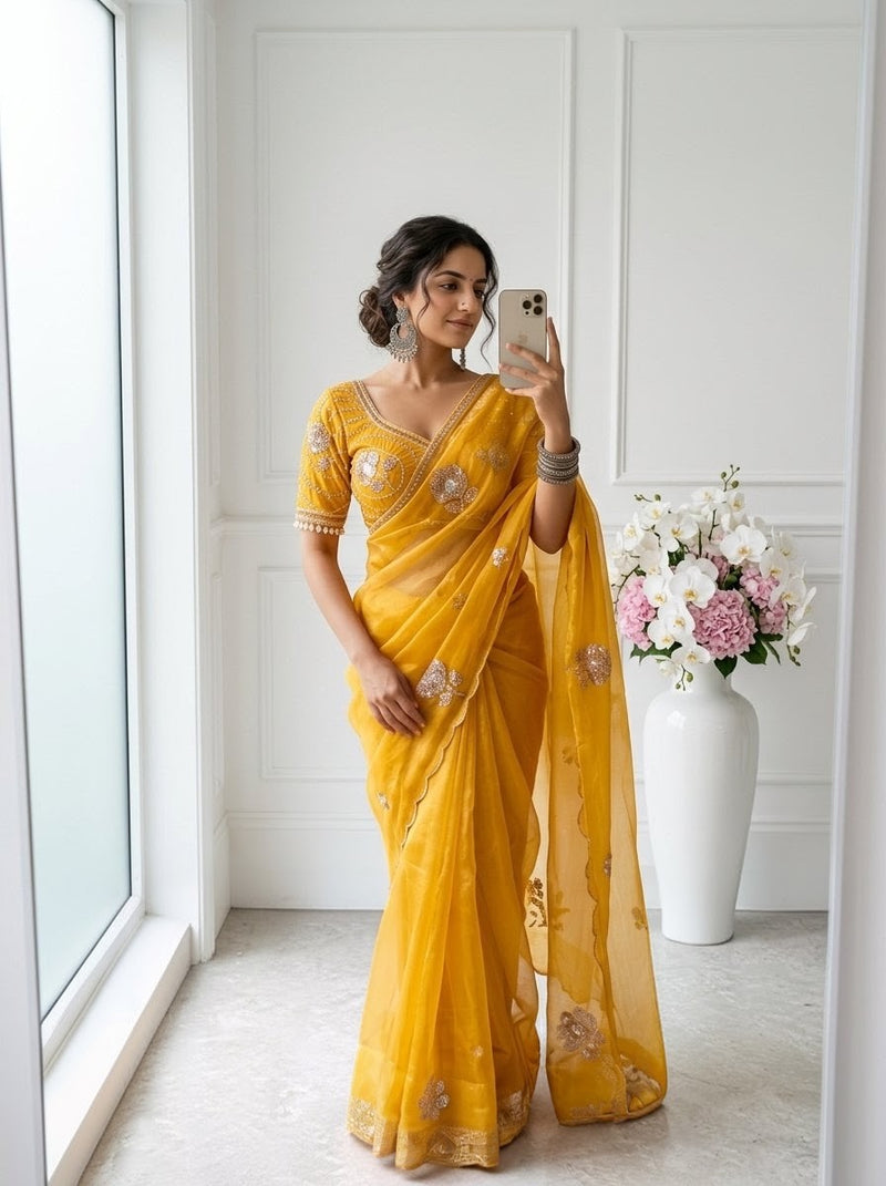 Designer Cutwork Scallop Border Saree with Pearl Drop Latkans