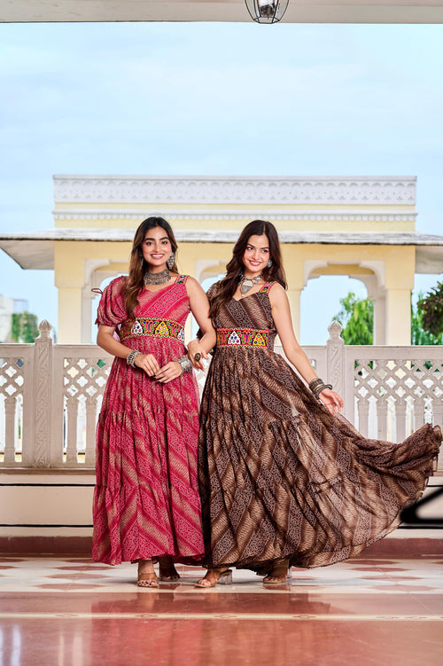 Women's Navratri Special Faux Georgette Bandhani Print Gown with Gamathi Work Waistband