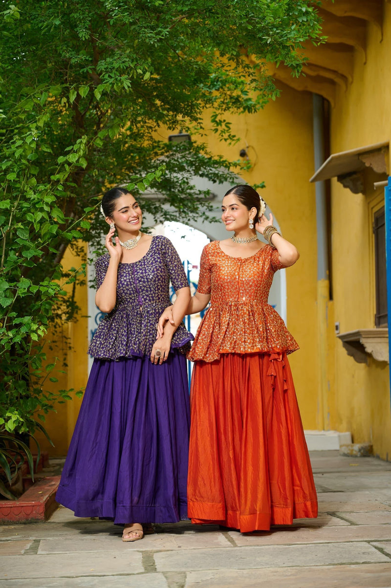 Premium Designer Sequins Lehenga Choli Set – Purple & Orange