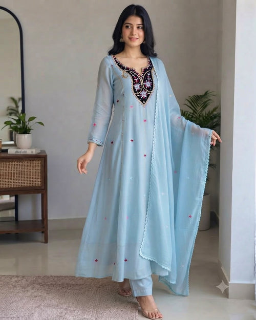 Women's Festive Powder Blue Mul Chanderi Kurta Pant Set with Heavy Embroidered Yoke