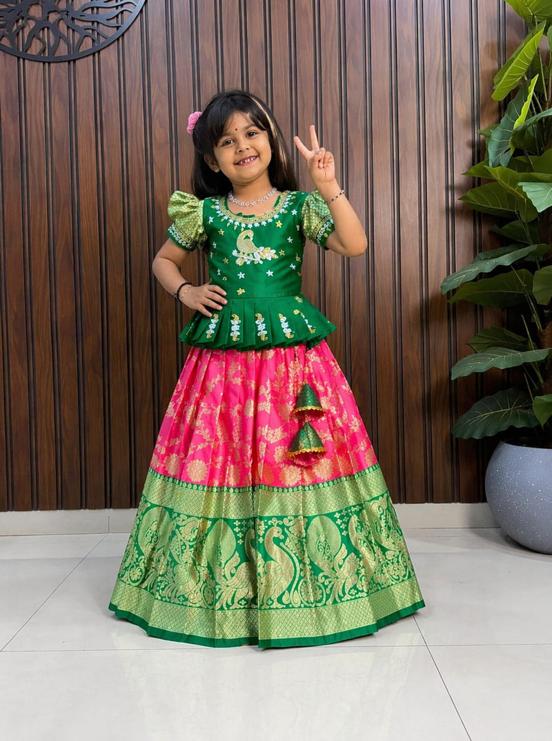 Premium Lichi Silk Kids Lehenga Choli | All-Over Zari Weaving | Full-Flare Canvas Finish | Ages 1–15 Years