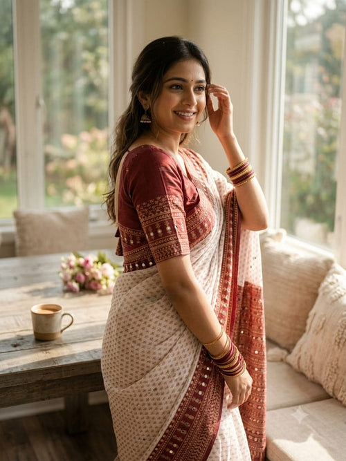 Women's Festive Soft Fox Georgette Saree with Digital Print and Hand-Applied Mirror Work