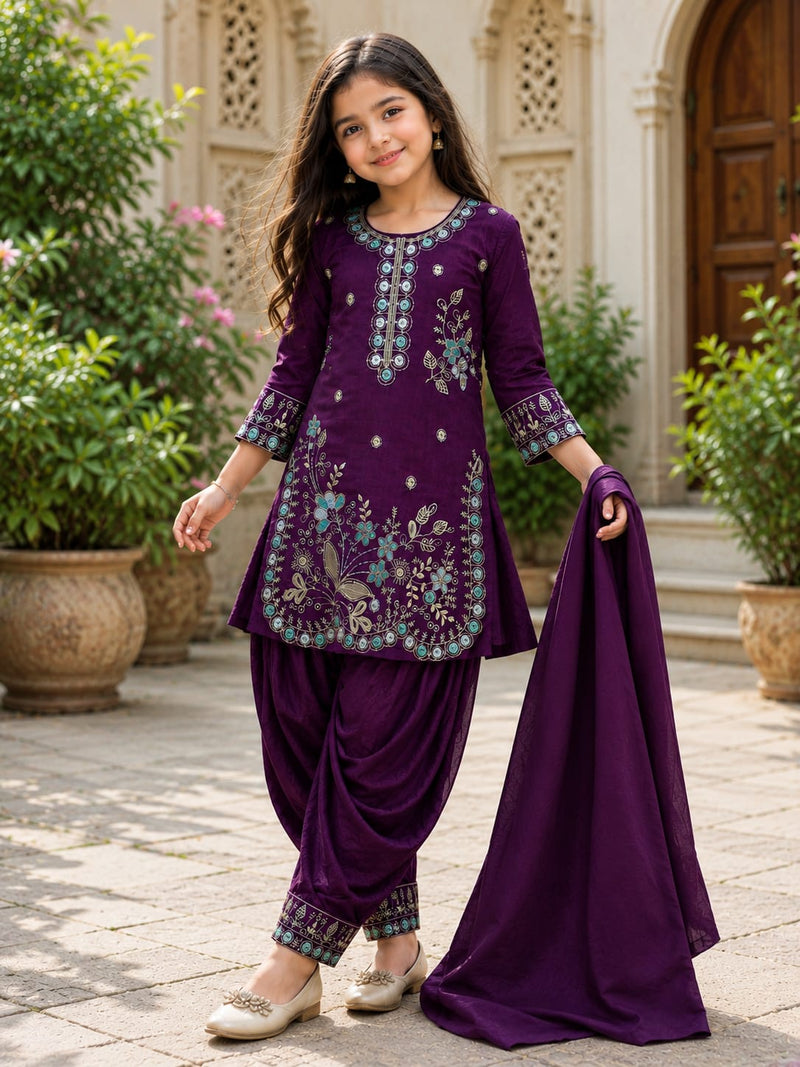Designer Vichitra Silk Girls Patiala Suit Set with Bhungali Embroidery & Dupatta | Ready to Wear