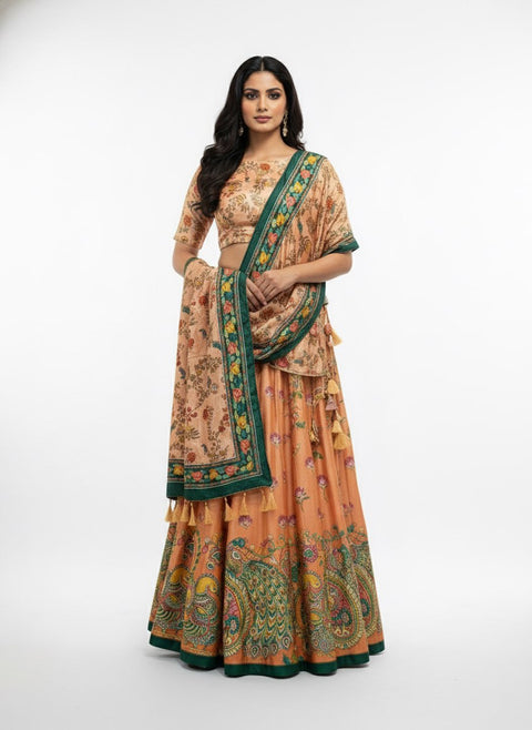 Dolla Tusser Silk Chaniya Choli | Designer Paisley Print Lehenga