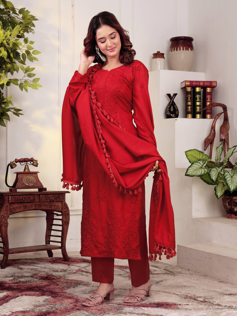 Women's Festive Deep Red Heavy Rayon Cotton Kurti Pant Set with Floral Self-Embroidery