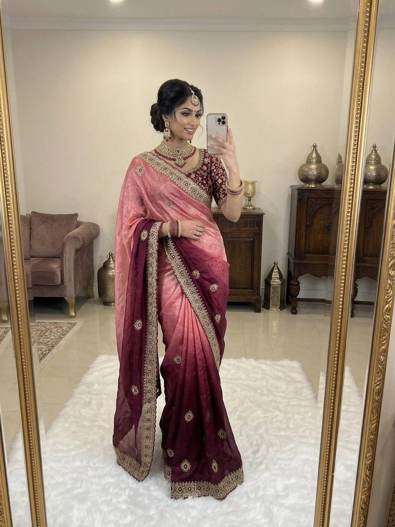 Premium Two-Tone Space Silk Saree | All-Over Sequin Work | Matching Embroidered Blouse | Bridal & Festive Wear
