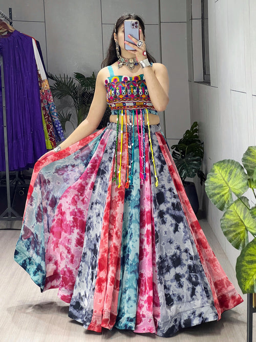 Multicolor Shibori Print Lehenga Choli | Fully Stitched 6 Meter Flair Navratri Chaniya Choli with Kutchhi Gamthi Work Fancy Top