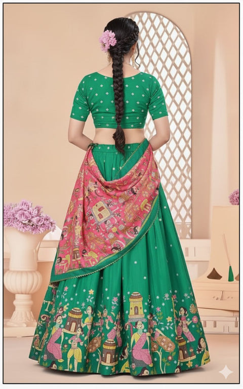 Green Dolla Tusser Silk Chaniya Choli | Designer Printed Lehenga
