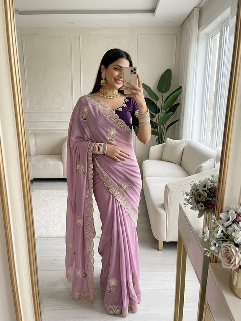Premium HO Silk Saree with Hand Ribbon Embroidery | Unstitched Mono Silk Blouse
