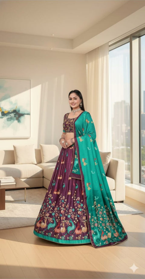 Premium Dolla Tusser Silk Peacock Print Chaniya Choli with Designer Dupatta – Purple & Teal