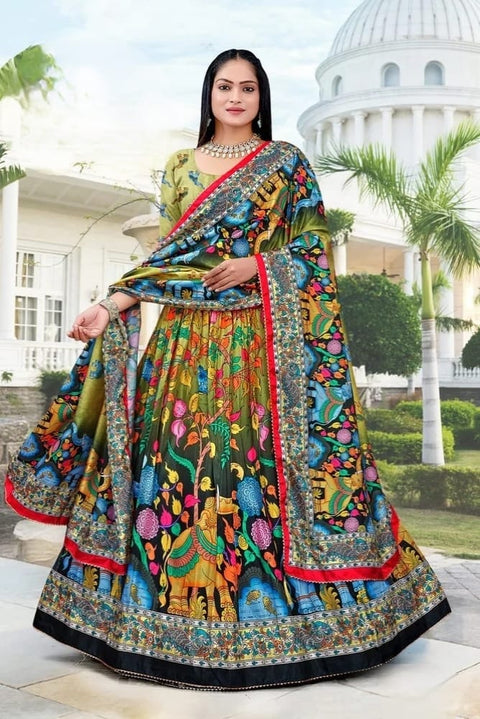 Olive Green & Black Dolla Tusser Silk Chaniya Choli | Kalamkari Print