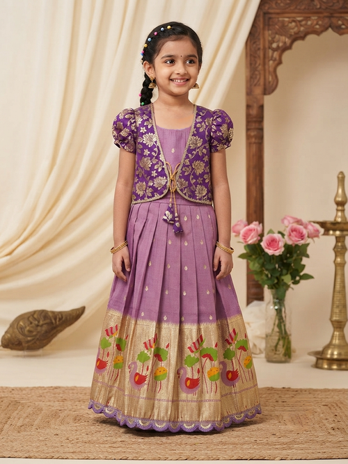 Designer Kids Gown & Coat Set | Tissue Silk, Zari Weaving Border & Matching Tassels