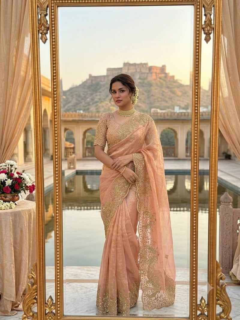 Premium Space Satin Saree | Thread & Sequin Work | Stitched Embroidered Blouse | Party & Festive Wear