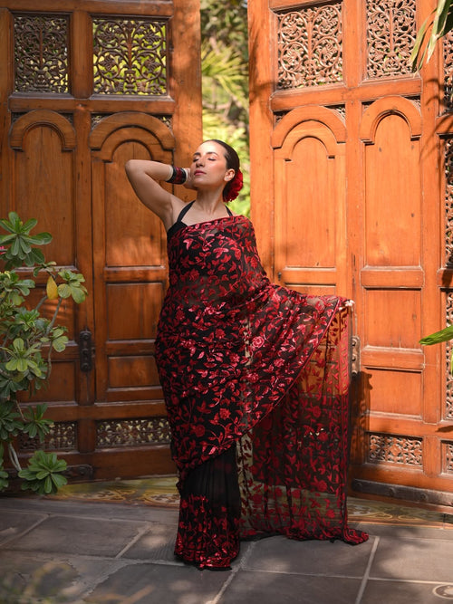 Women's Festive Black Heavy Soft Tabby Organza Saree with Red Floral Katdana Work