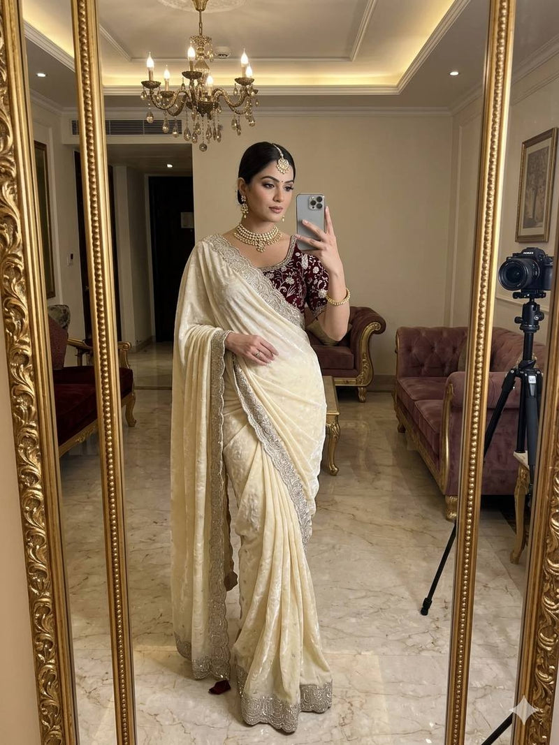 Premium Space Silk Satin Saree | Heavy Sequin, Thread & Zari Work | Scallop Border | Embroidered Blouse