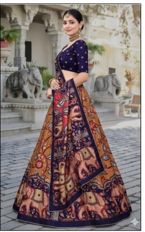 Premium Dolla Tusser Silk Elephant Print Chaniya Choli – Peach & Navy Blue