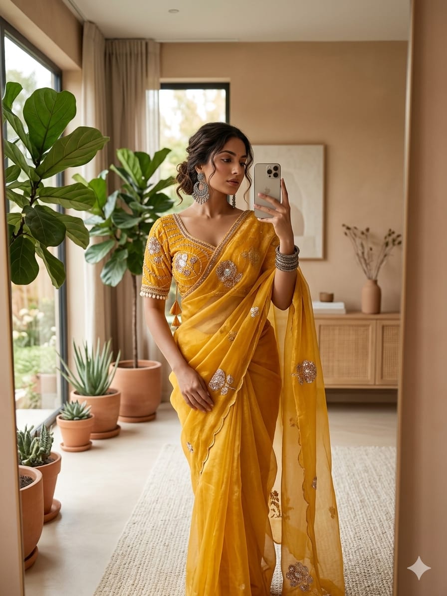 Designer Cutwork Scallop Border Saree with Pearl Drop Latkans