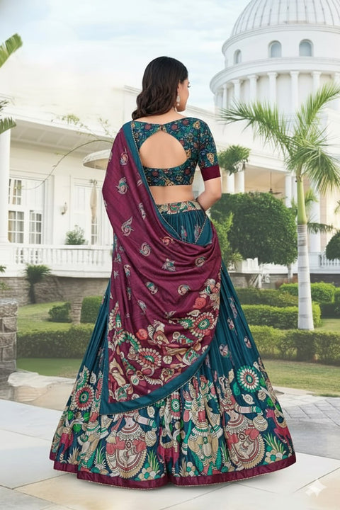 Teal & Wine Dolla Tusser Silk Chaniya Choli | Peacock Print Lehenga