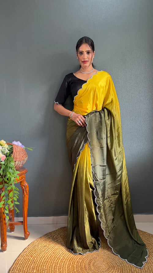 Designer 1-Minute Ready-to-Wear Chinnon Silk Saree with Jadkan Diamond Lace