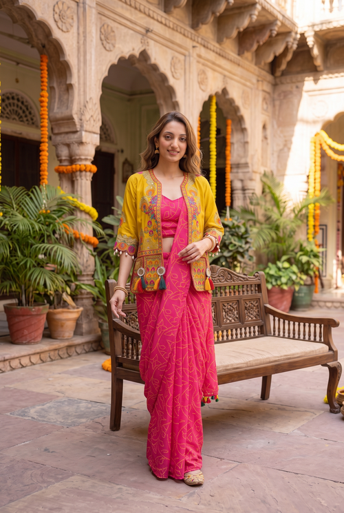 Women's Festive Ready-to-Wear Pink Chinon Silk Saree with Mustard Yellow Embroidered Koti