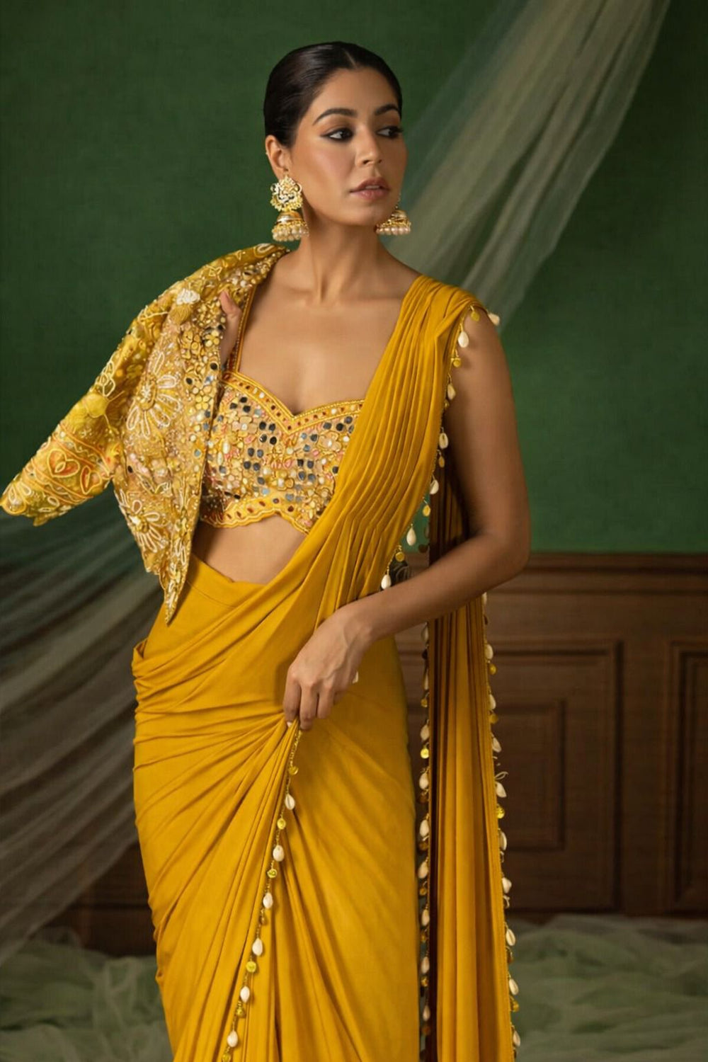 Women's Elegant Pre-Draped Silk Saree with Short-Sleeve Embroidered Jacket