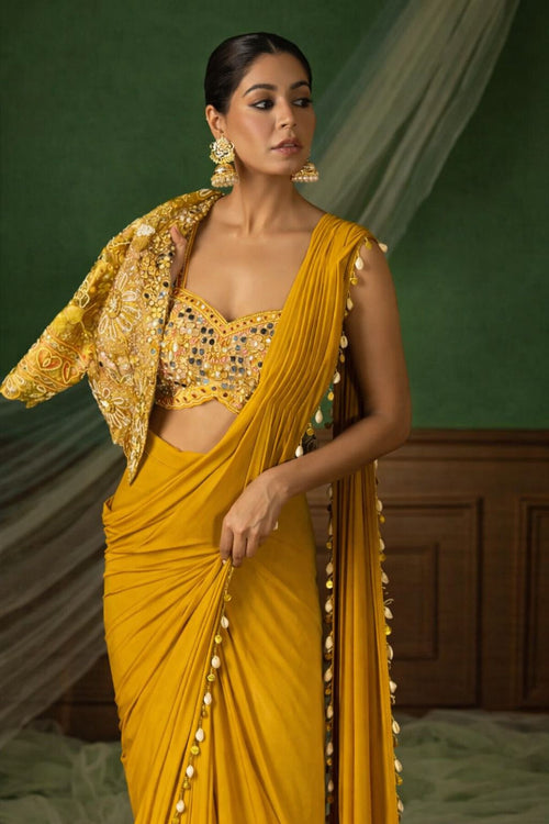Women's Elegant Pre-Draped Silk Saree with Short-Sleeve Embroidered Jacket